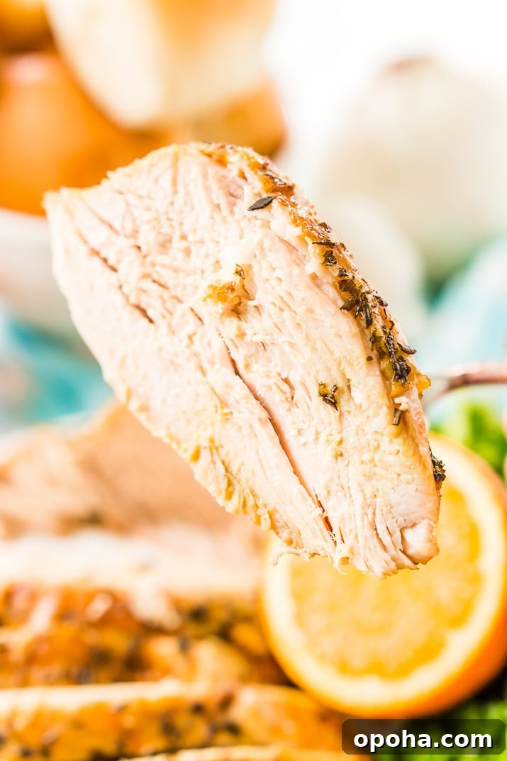 Juicy Slow-Cooker Turkey Breast Recipe for Tender Results 8 Big slice of turkey breast being held with a fork.