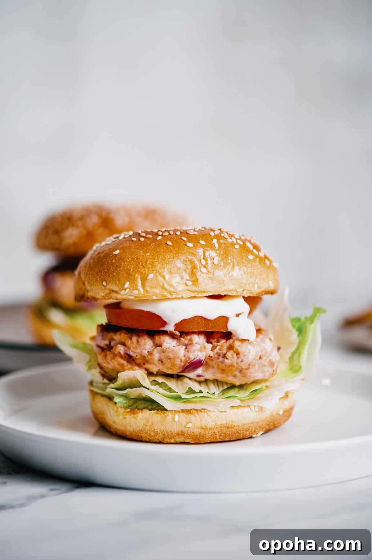 a grilled salmon burger on a white plate.
