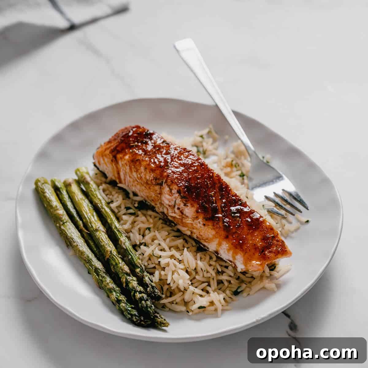 a white plate with rice with cooked salmon and asparagus.