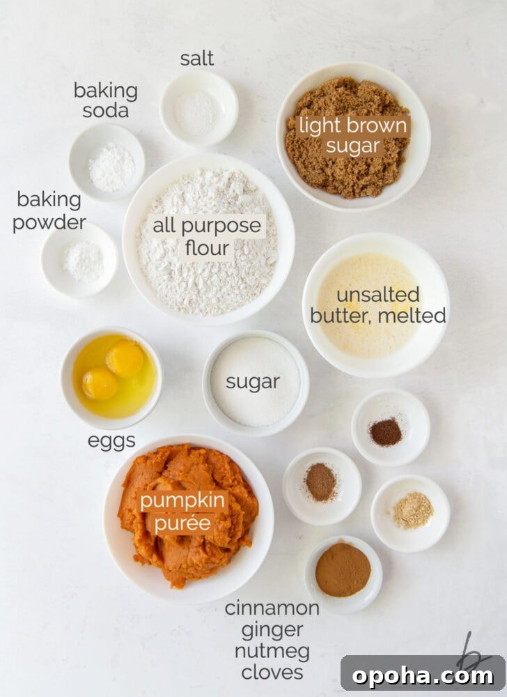 Moist Pumpkin Muffins Recipe for Fall Baking 3 pumpkin muffin ingredients in bowls labeled with text