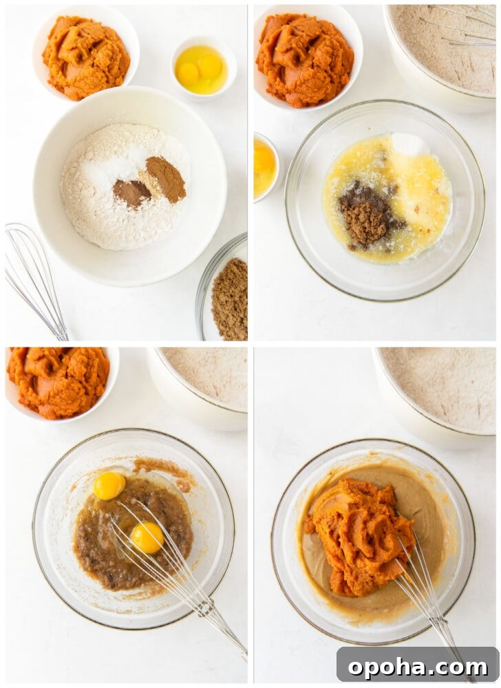 Moist Pumpkin Muffins Recipe for Fall Baking 4 photo collage demonstrating how to make pumpkin muffins in a glass mixing bowl