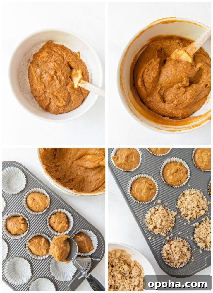 Moist Pumpkin Muffins Recipe for Fall Baking 5 photo collage demonstrating how to make pumpkin muffins in a glass mixing bowl and muffin tin