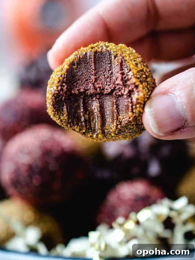 Chocolate Pumpkin Truffles Recipe — Rich, No-Bake Fall Treat 6 Chocolate Pumpkin Truffles with bite taken out, being held up