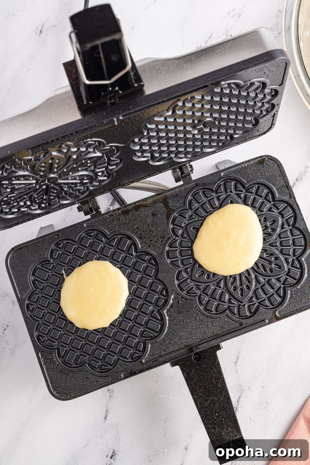 Traditional Italian Pizzelle Cookies: Crisp Anise Wafers Recipe 13 batter in the center of the iron