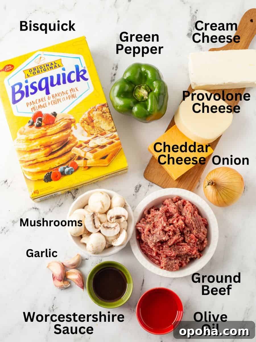 Philly Cheesesteak Casserole with Ground Beef — Savory Comfort Bake 4 Labelled ingredients for philly cheesesteak casserole with text overlay.