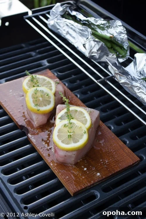 Cedar Plank Grilled Swordfish with Lemon and Thyme.
