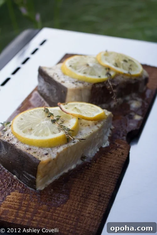 Cedar Plank Grilled Swordfish with Lemon and Thyme.