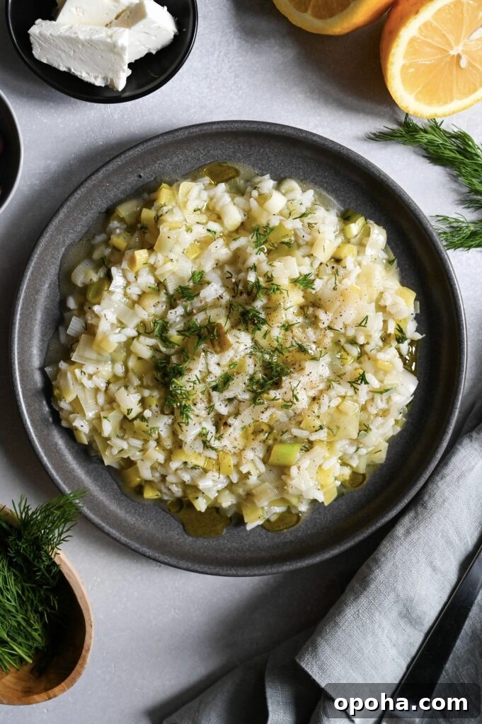 Prasorizo is a classic Greek vegan meal made with leeks and rice.