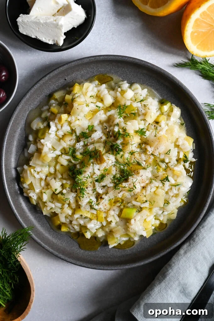 Prasorizo is a classic Greek vegan meal made with leeks and rice.