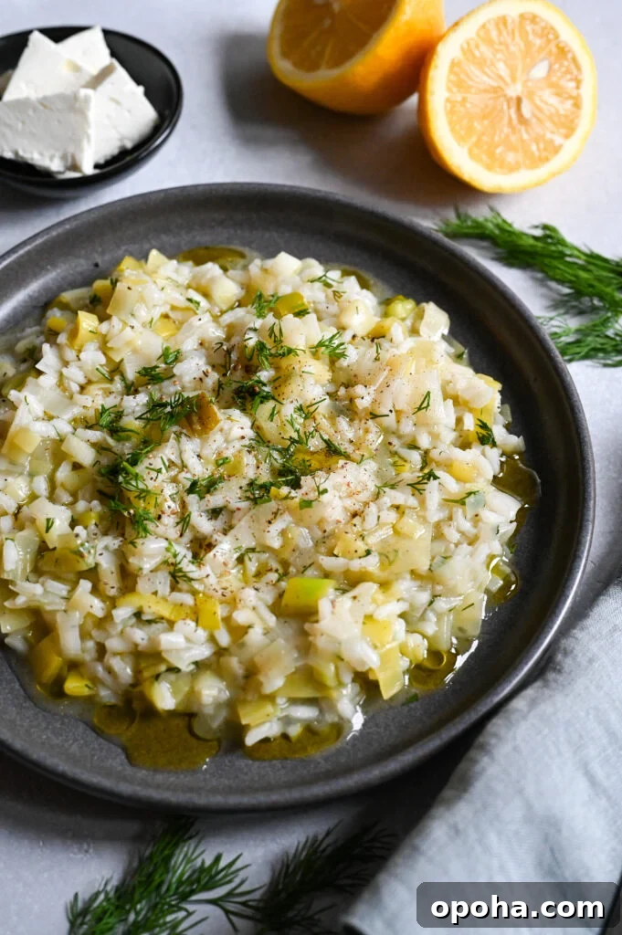 Prasorizo is a classic Greek vegan meal made with leeks and rice.