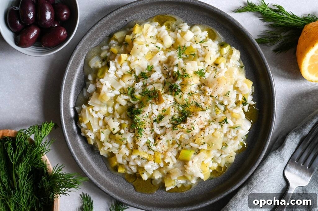 Prasorizo is a classic Greek vegan meal made with leeks and rice.