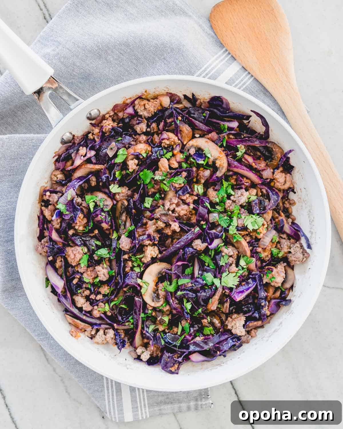 Pork and cabbage stir fry in a white skillet on a gray cloth napkin with a wooden spatula on the side. Pork and cabbage stir fry in a white skillet on a gray cloth napkin with a wooden spatula on the side.