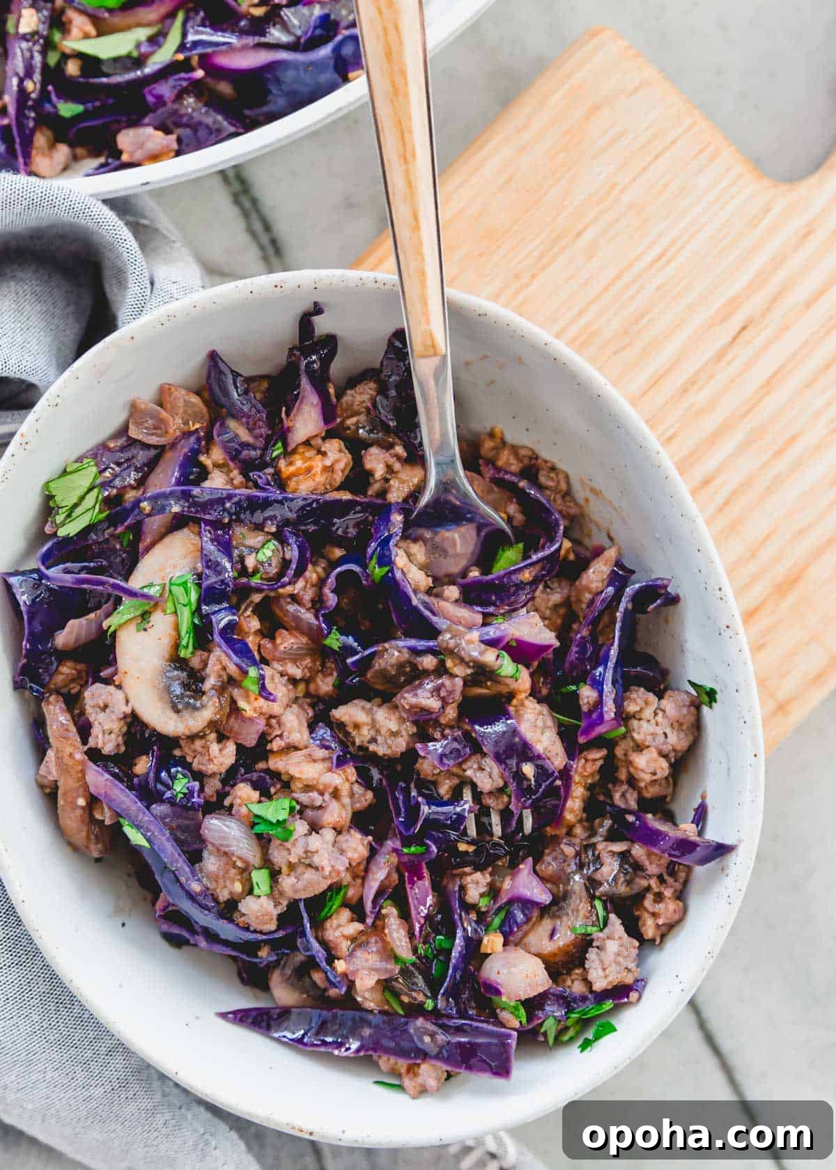 Ground pork and cabbage stir fry recipe with mushrooms in a bowl with a fork. Ground pork and cabbage stir fry recipe with mushrooms in a bowl with a fork.
