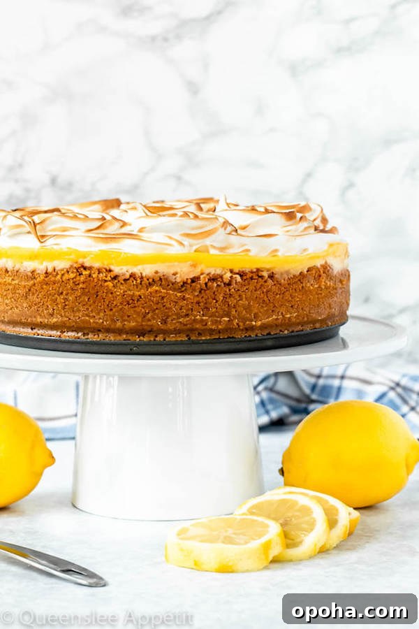 lemon meringue cheesecake with graham cracker crust, lemon cheesecake, lemon curd topping, meringue rosettes