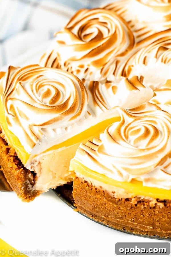 lemon meringue cheesecake with graham cracker crust, lemon cheesecake, lemon curd topping, meringue rosettes