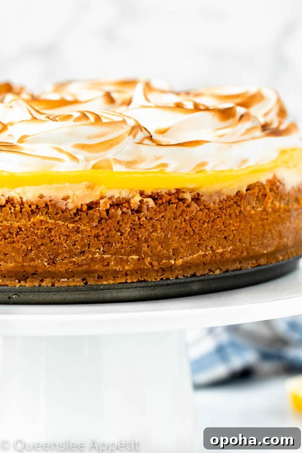 lemon meringue cheesecake with graham cracker crust, lemon cheesecake, lemon curd topping, meringue rosettes