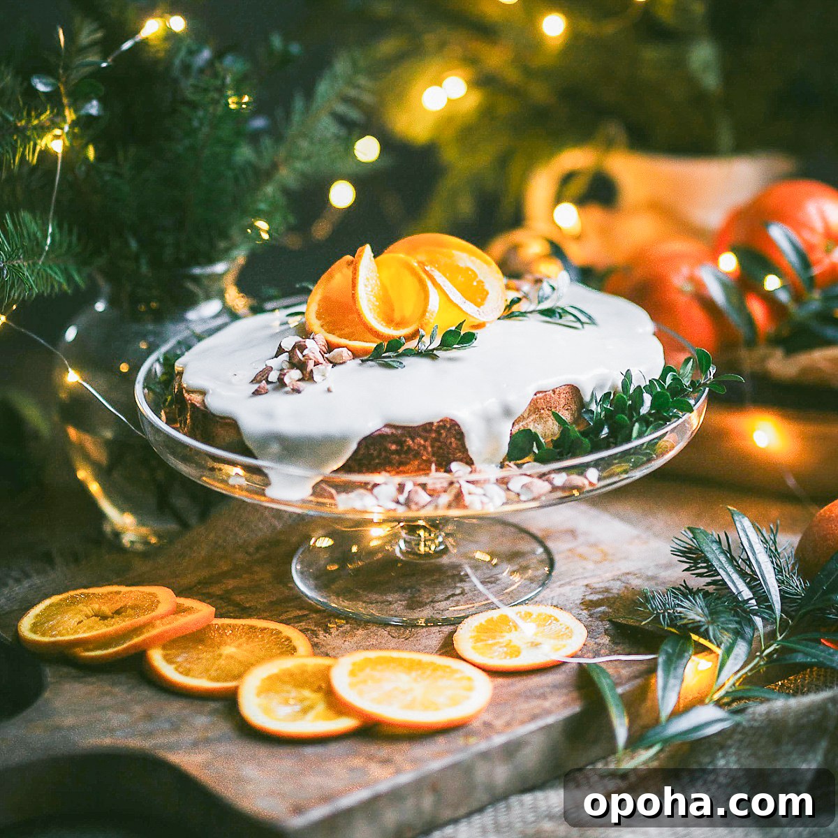 gorgeous almond vasilopita sits on glass cake stand. garnished with decorative orange slices and artful drips of glaze.