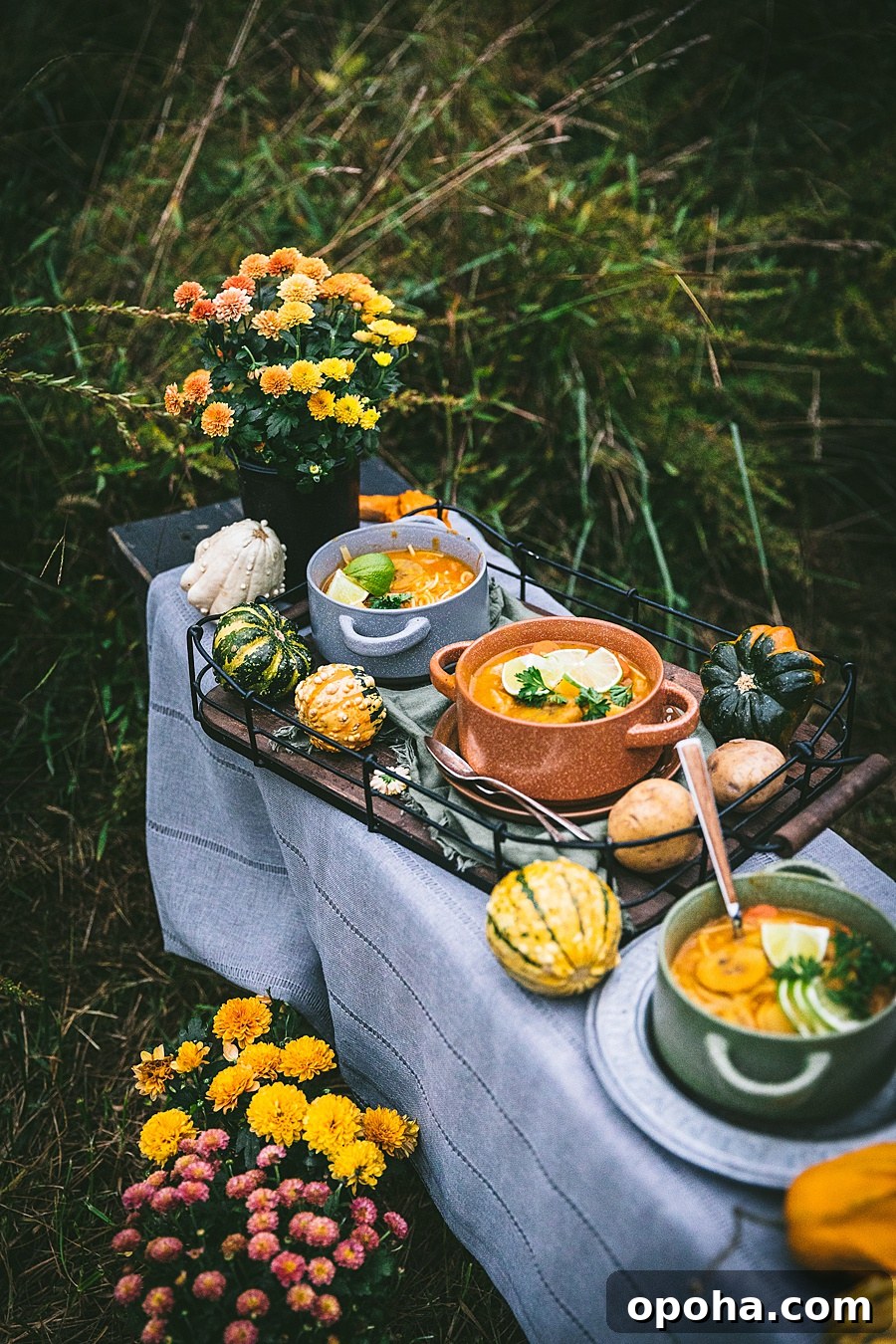 A table in a grassy field and on the table are many fall related items such as mums, squashes and Soup Joumou