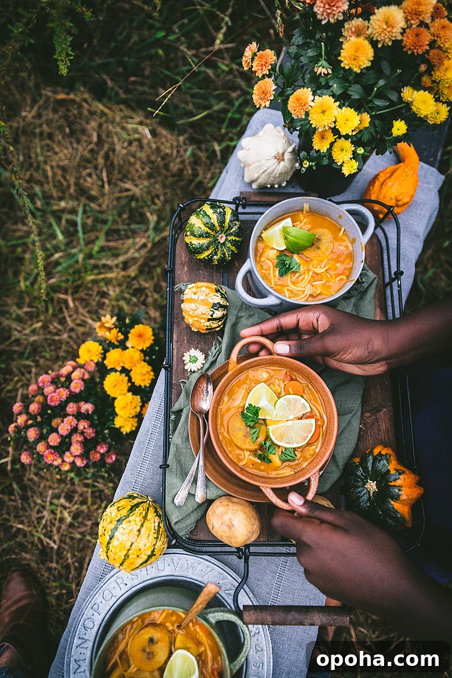Hands placing a bowl of soup joumou on a festive tray surrounded by an outdoor fall landscape