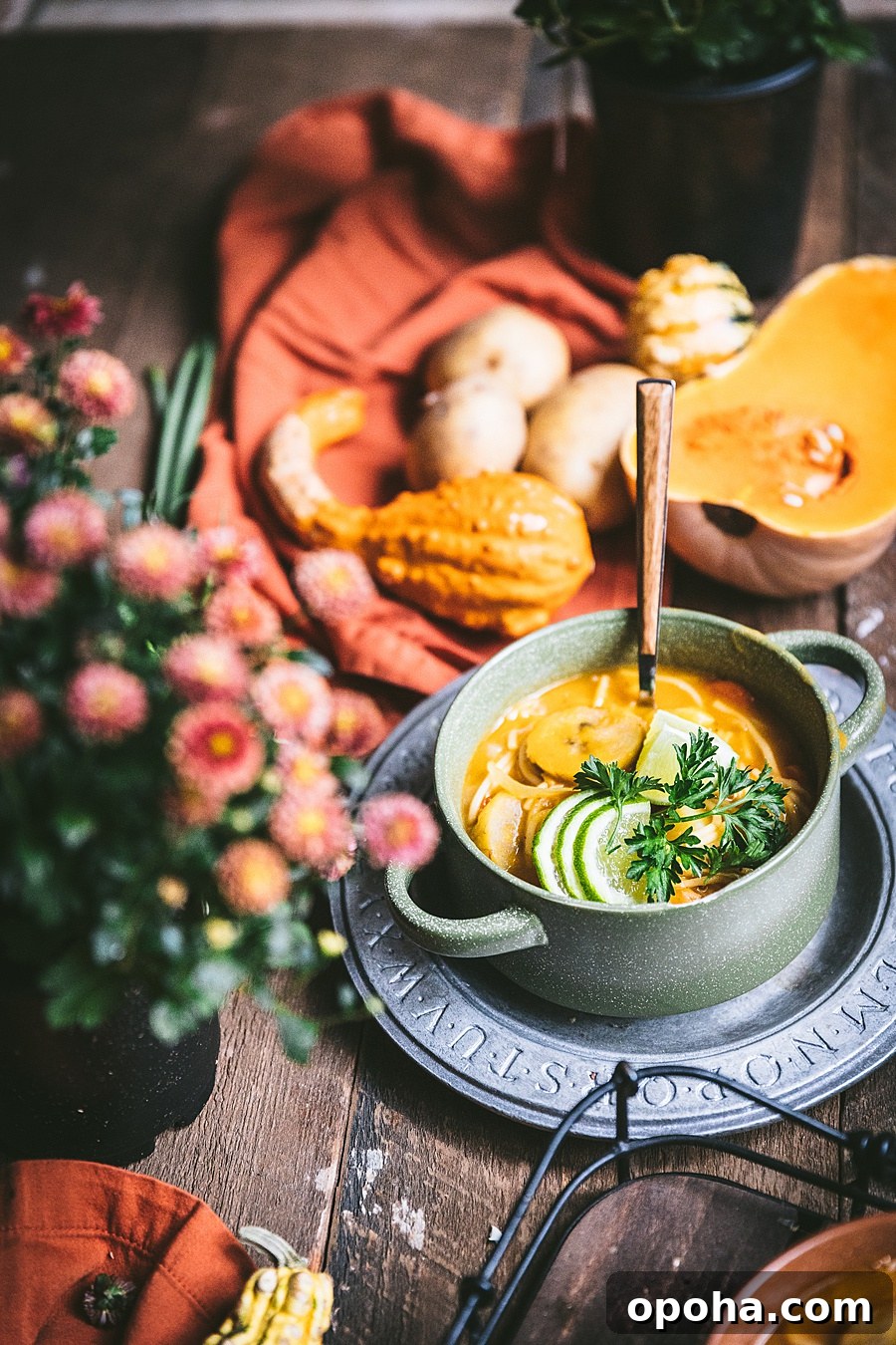 close up shot of soup joumou surrounded by fall flowers and squashes