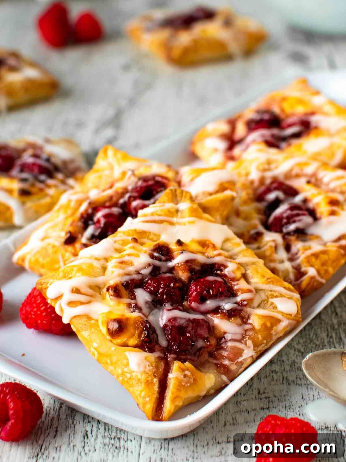 Raspberry Danish Recipe: Flaky Pastry with Fresh Raspberry Filling 2 Raspberry Danish pastries on white plate.