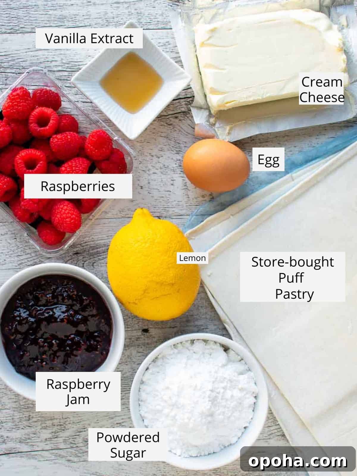 Raspberry Danish Recipe: Flaky Pastry with Fresh Raspberry Filling 3 Ingredients for this recipe viewed from above.