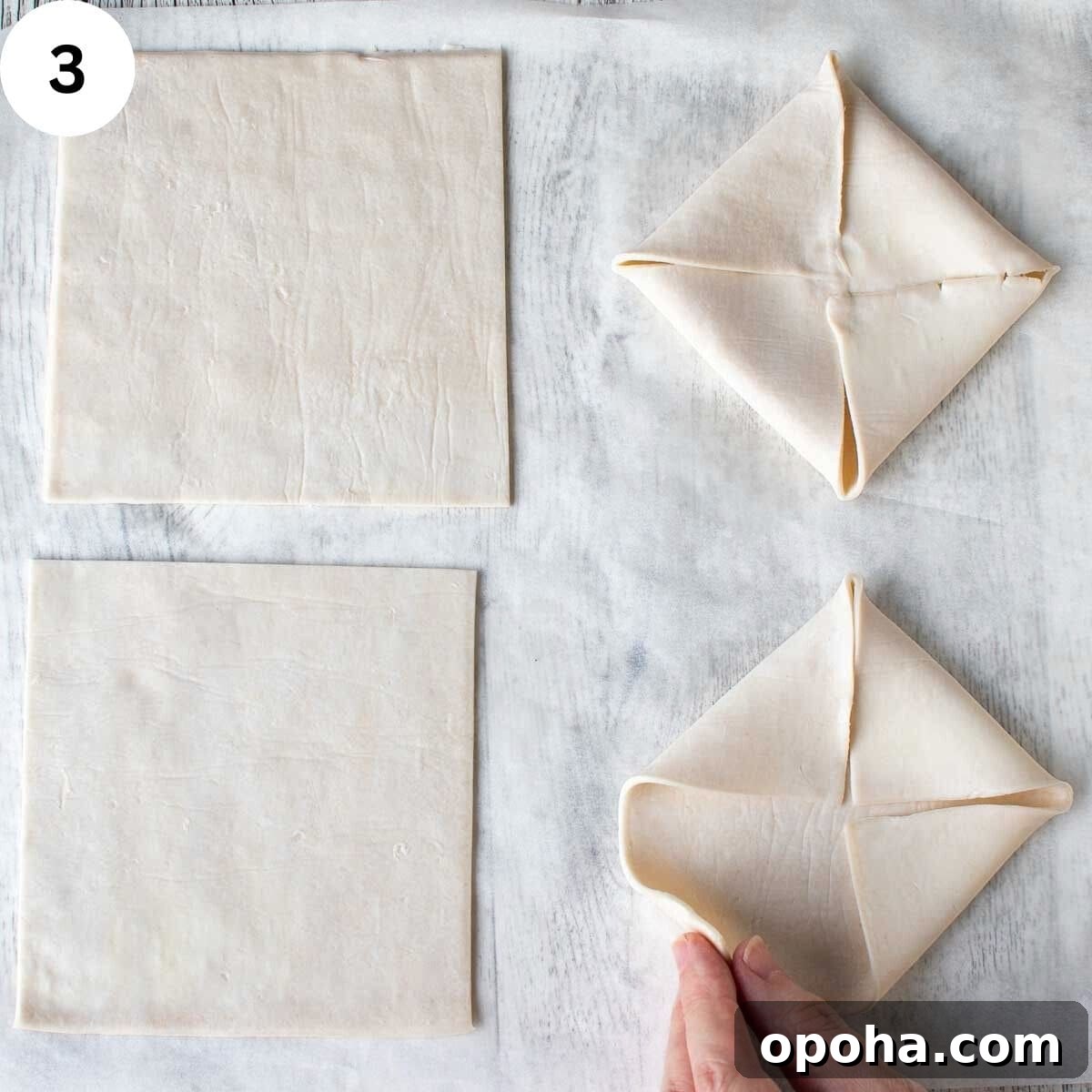 Raspberry Danish Recipe: Flaky Pastry with Fresh Raspberry Filling 6 Squares of store bought pastry, one folded and the another one being folded.