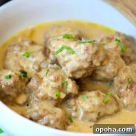 Instant Pot Swedish Meatballs Recipe — Creamy Sauce in 30 Minutes 2 A bowl of easy homemade Swedish meatballs in creamy sauce, garnished with chopped chives, makes for a delightful dish effortlessly crafted in your Instant Pot.
