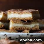 Two sopapilla cheesecake bars stacked on a plate.
