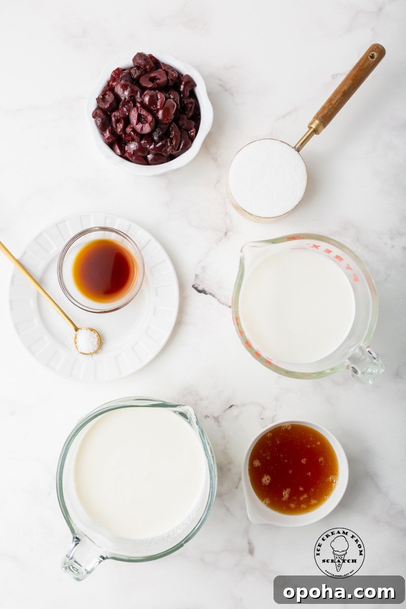 Cherry Gelato Recipe: Creamy Homemade Gelato with Fresh Cherries 3 The ingredients needed to make homemade cherry gelato with frozen dark cherries.
