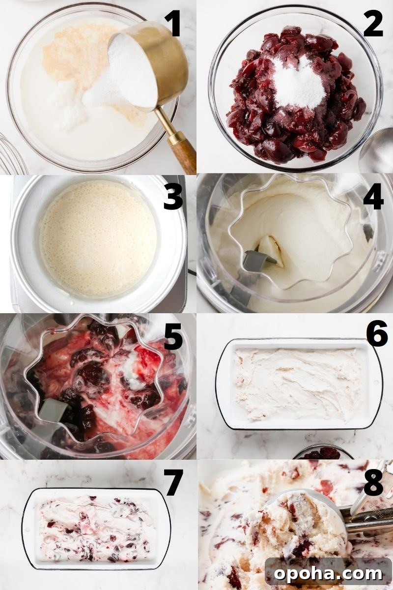 Cherry Gelato Recipe: Creamy Homemade Gelato with Fresh Cherries 4 A collage of images showing how to make cherry gelato from scratch in an ice cream maker.
