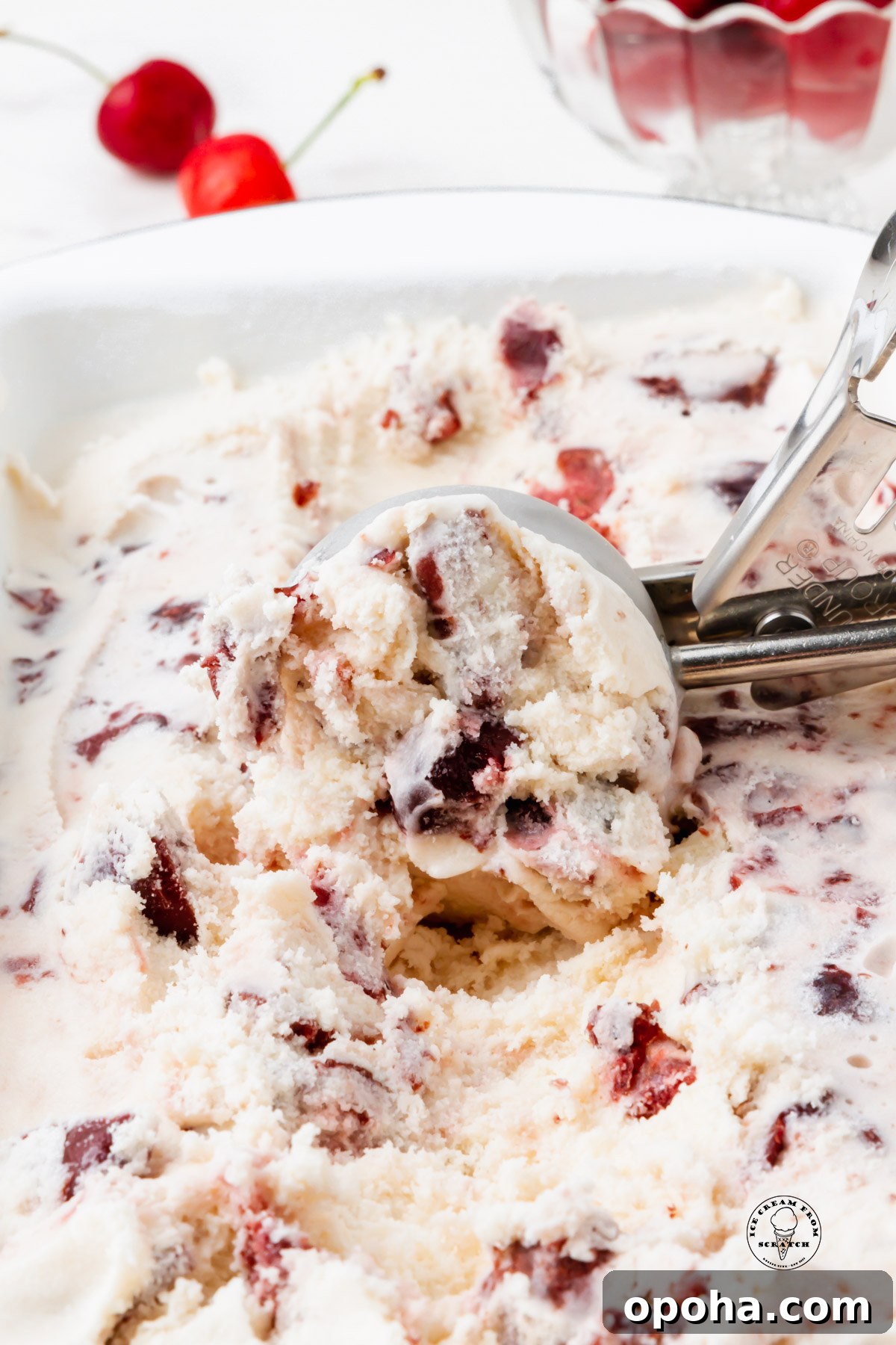 Cherry Gelato Recipe: Creamy Homemade Gelato with Fresh Cherries 5 a metal scoop brining up a scoop of homemade cherry gelato from a pan.