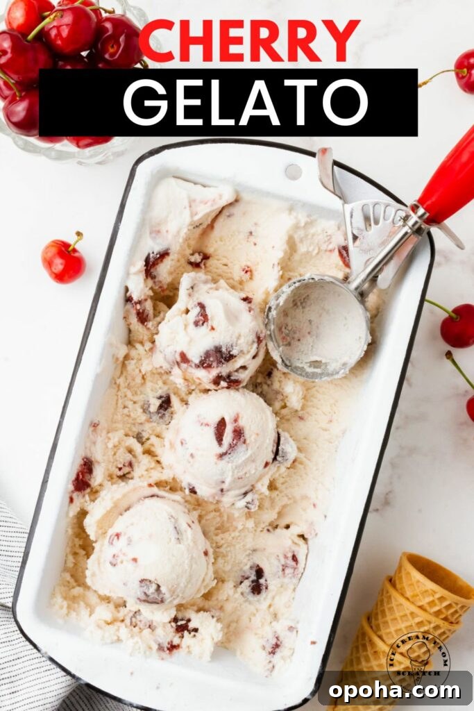Cherry Gelato Recipe: Creamy Homemade Gelato with Fresh Cherries 7 A white loaf pan filled with cherry gelato. A red and metal ice cream scoop is in the pan, and the ice cream has been scooped. Around the pan are fresh cherries and sugar cones.