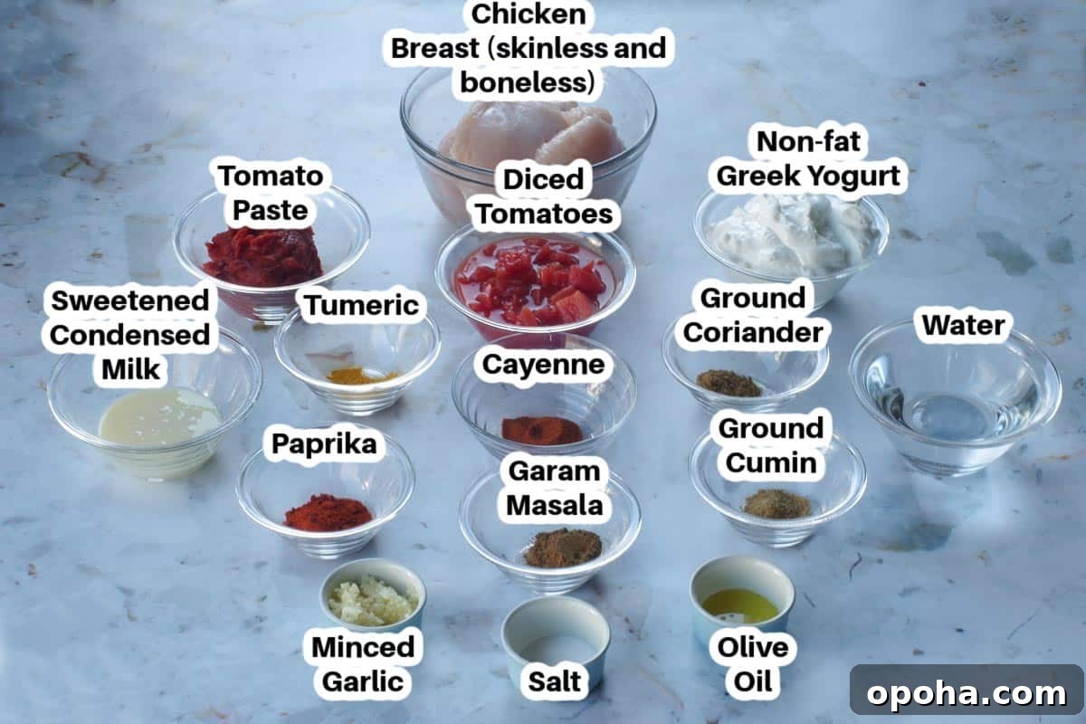 ingredients needed for ww butter chicken in glass bowls, labelled