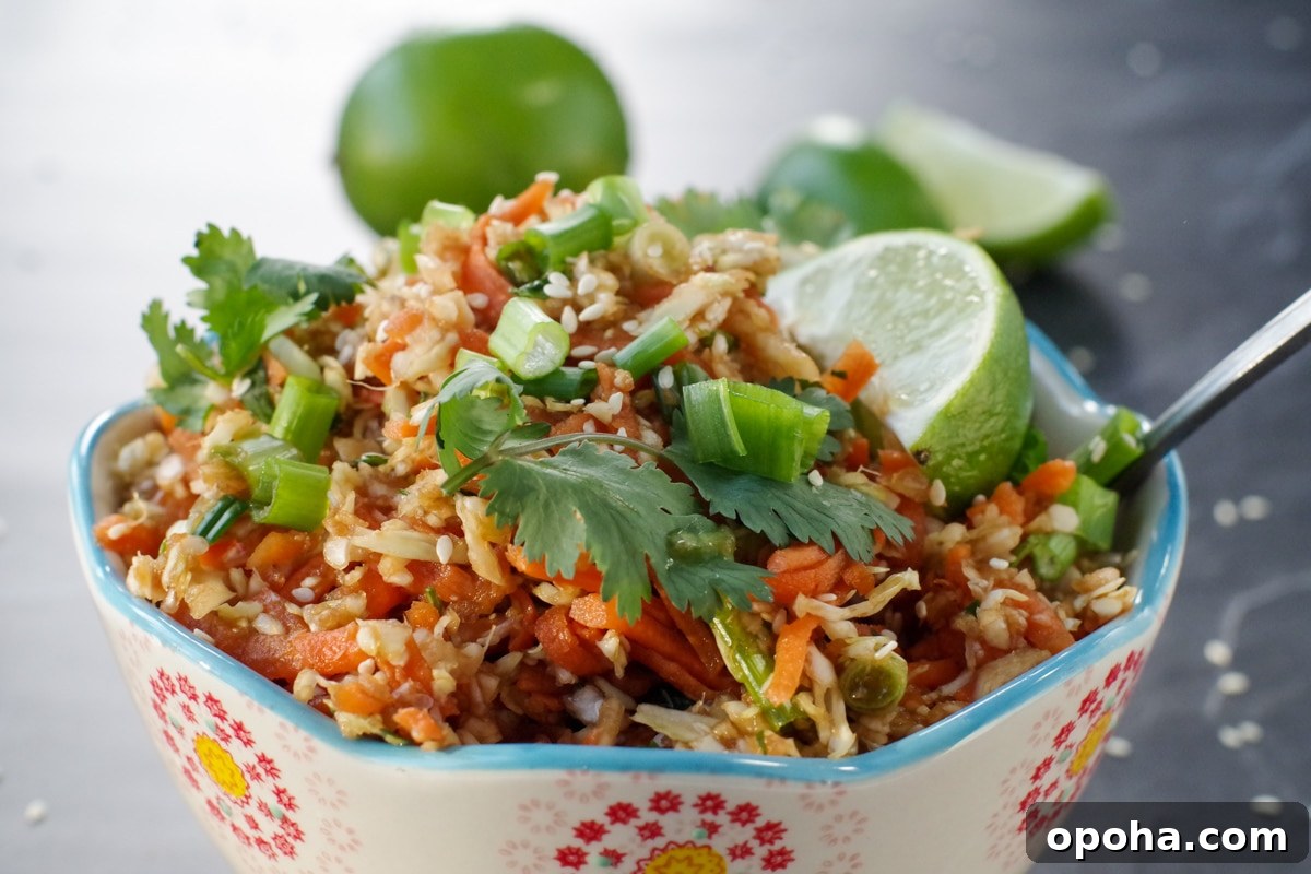 close up of skinny coleslaw salad with lime and cilatro