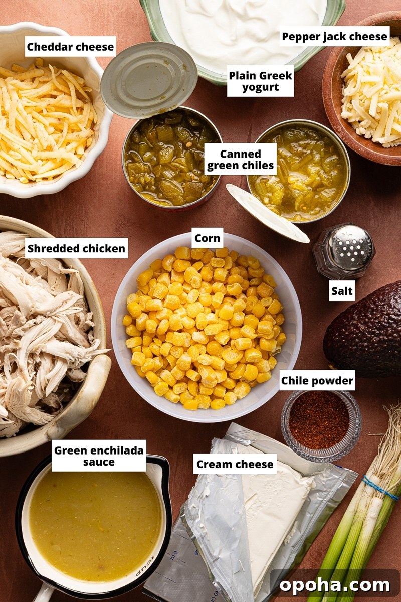 Ingredients used to make a green chile chicken enchilada dip
