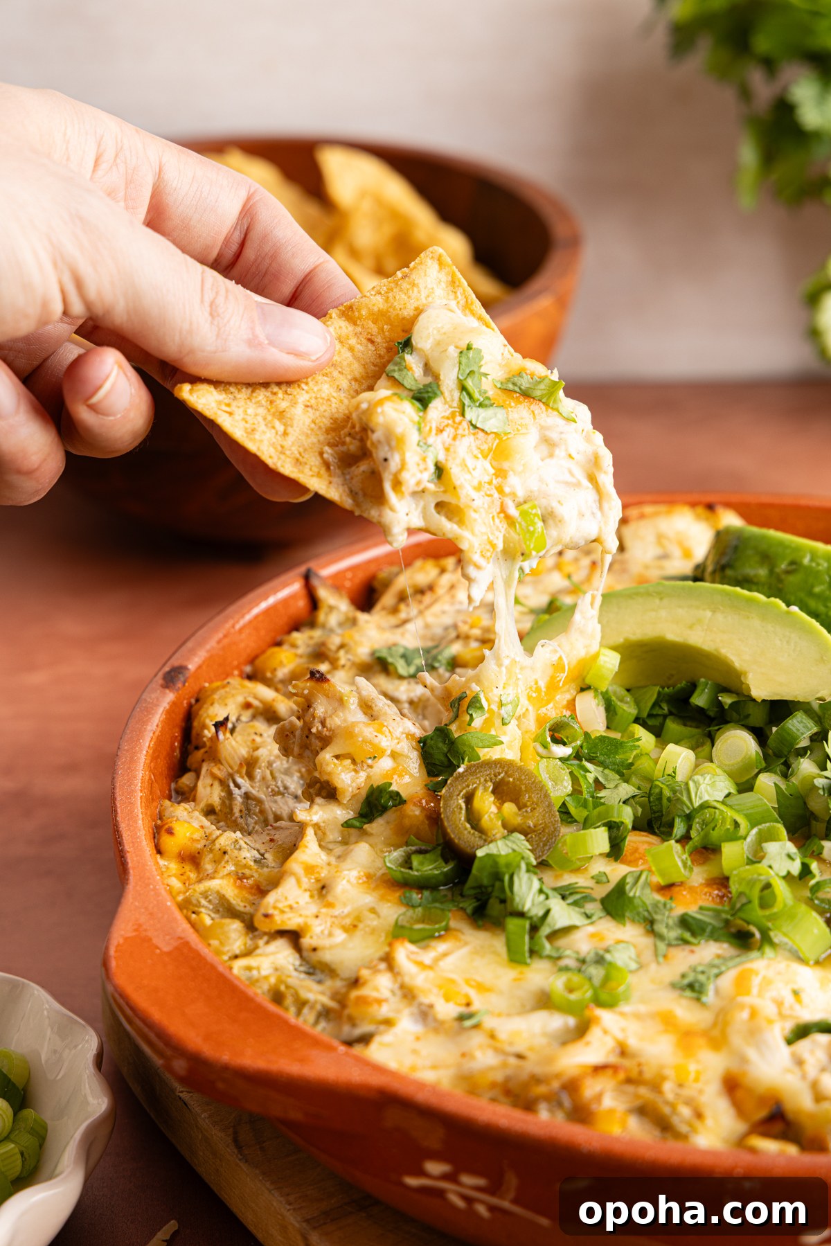 A person's hand digging a tortilla chip in hot green chile chicken enchilada dip