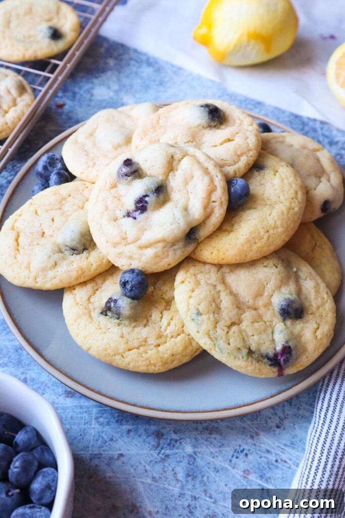 white plate with lemon blueberry cookies with blueberries