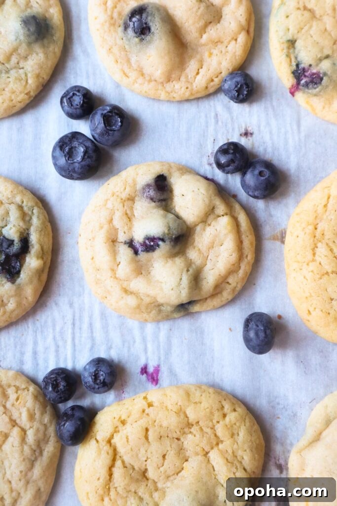parchment paper with lemon blueberry cookies with half a lemon and blueberries