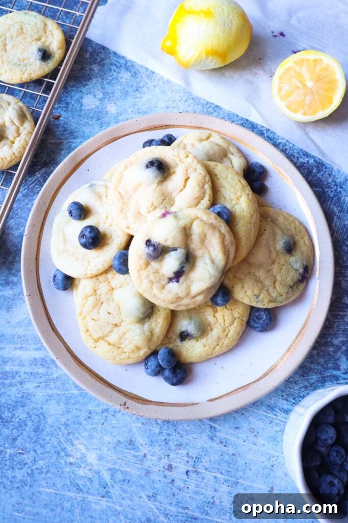 white plate with lemon blueberry cookies with blueberries