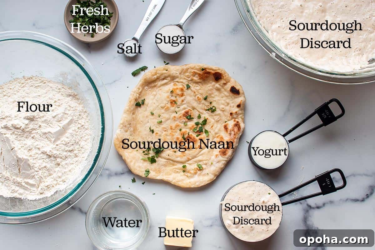 Sourdough Discard Naan Recipe: Crispy, Chewy Flatbread 3 Ingredients for naan, discard, flour, herbs, salt, yogurt, butter and water.