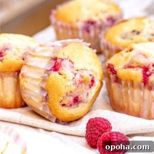 Quick Raspberry Muffins Recipe — Light, Tangy, Perfect for Brunch 12 Several raspberry muffins in paper liners on a beige cloth. Fresh raspberries.