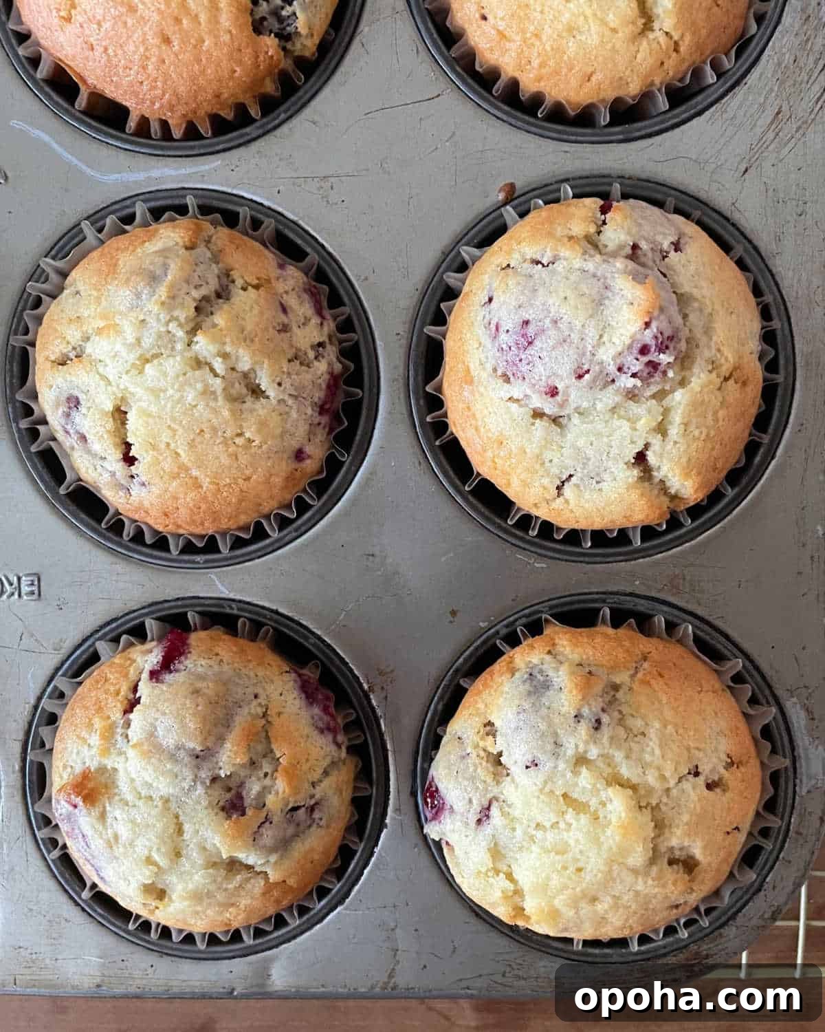 Quick Raspberry Muffins Recipe — Light, Tangy, Perfect for Brunch 10 Top view of baked raspberry muffins in a metal pan.
