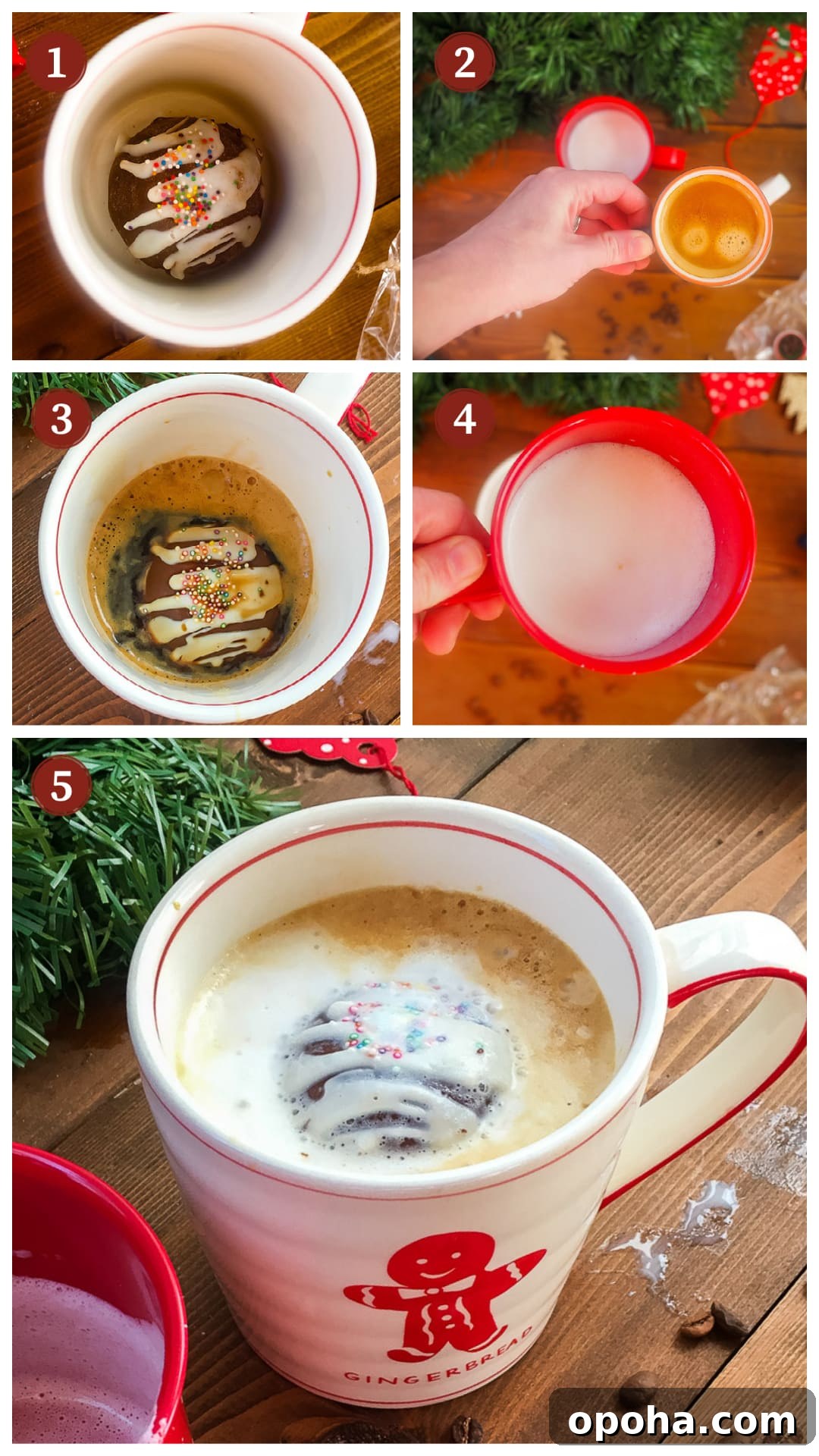 Homemade Mocha Coffee Bombs: Decadent Hot Chocolate Surprise 6 A collage of images showing how to make a hot chocolate mocha coffee with a hot cocoa bomb, steps 1 - 5.