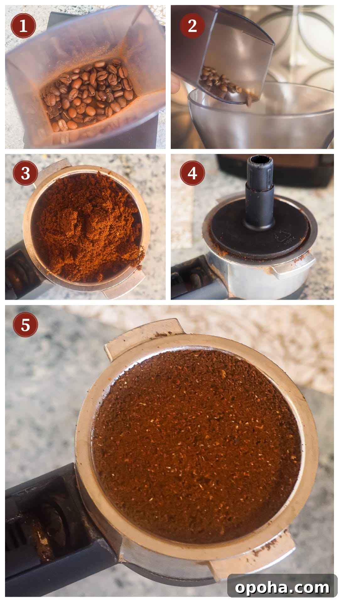 Homemade Mocha Coffee Bombs: Decadent Hot Chocolate Surprise 5 A collage of images showing how to make espresso, steps 1 - 5.