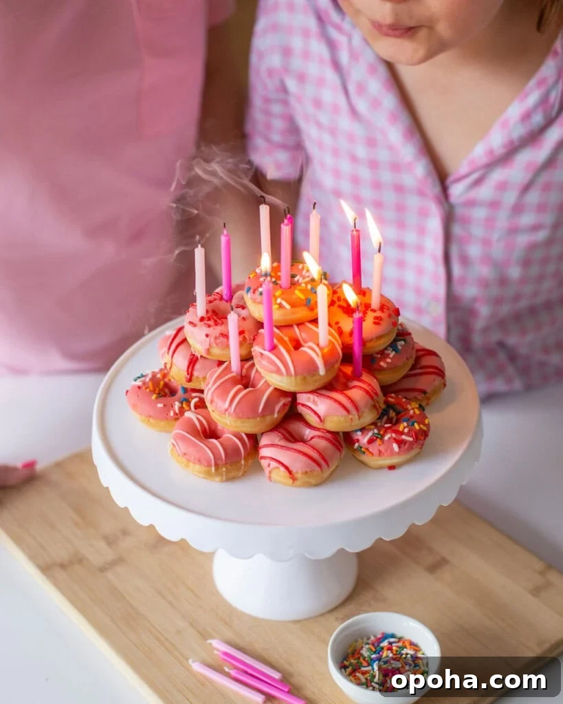 Donut Cake Tower Ideas: Show-Stopping Dessert Centerpieces 2 A stack of pink donuts arranged like a cake on a white stand, with lit candles, and a girl blowing them out.
