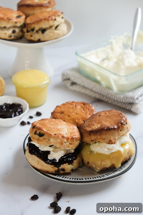 British Currant Scones with cream and jam on plate