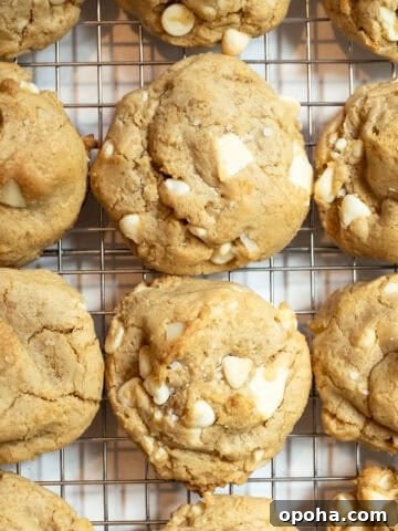 White chocolate macadamia nut cookies on a cooling rack.