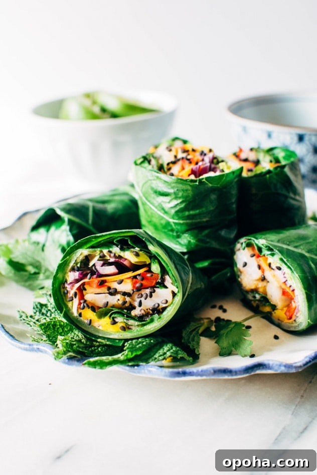 Rainbow collard green spring rolls with shrimp: layers of crunchy veggies, pan-seared shrimp, spicy mayo tucked in collard green wraps