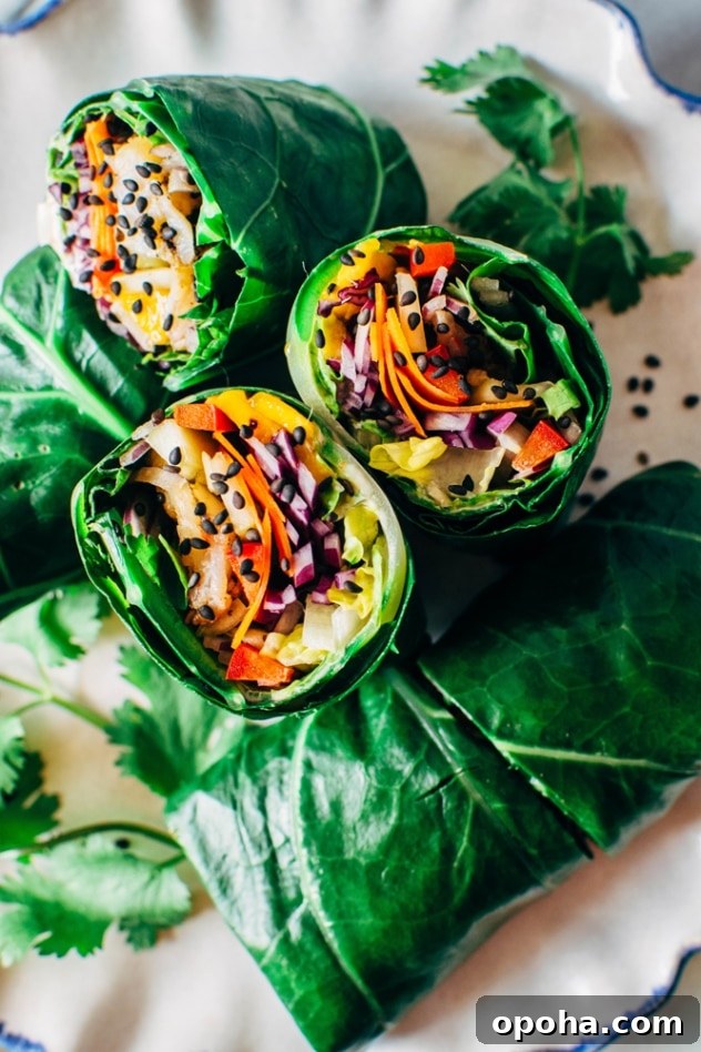 Rainbow collard green spring rolls with shrimp: bright vegetables and shrimp wrapped in collard greens